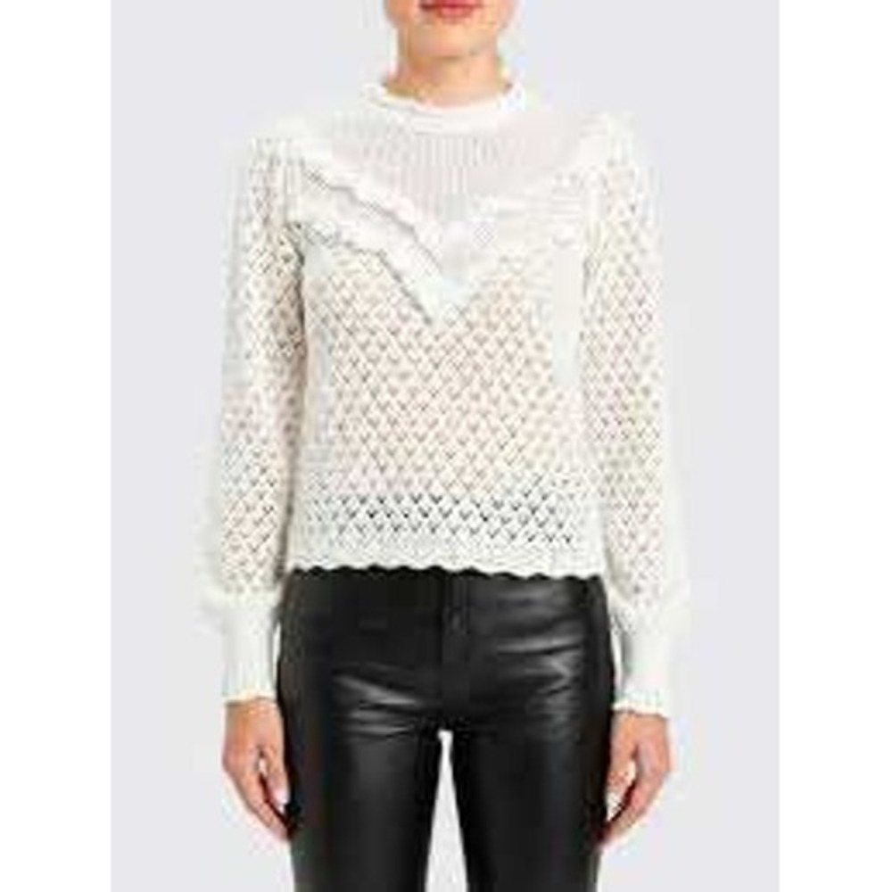 ZARA Cream Pointelle Ruffle Knit Sweater Women MEDIUM Romantic Boho Cottage - Picture 1 of 9